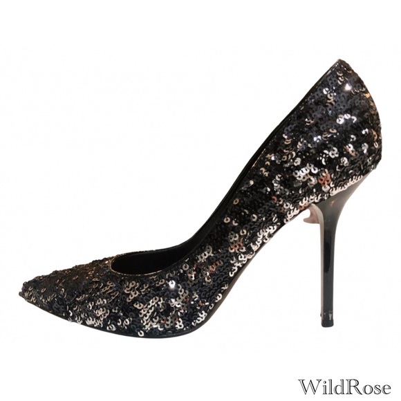 LOUIS VUITTON Liza Sequin Black & Silver Pointy Toe Pumps Noir SZ 37 - Picture 3 of 17